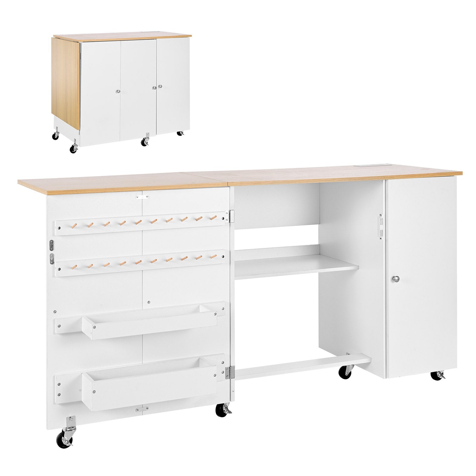 Folding Sewing Table, Multipurpose Sewing Machine Table With Cabinet, Charging Station