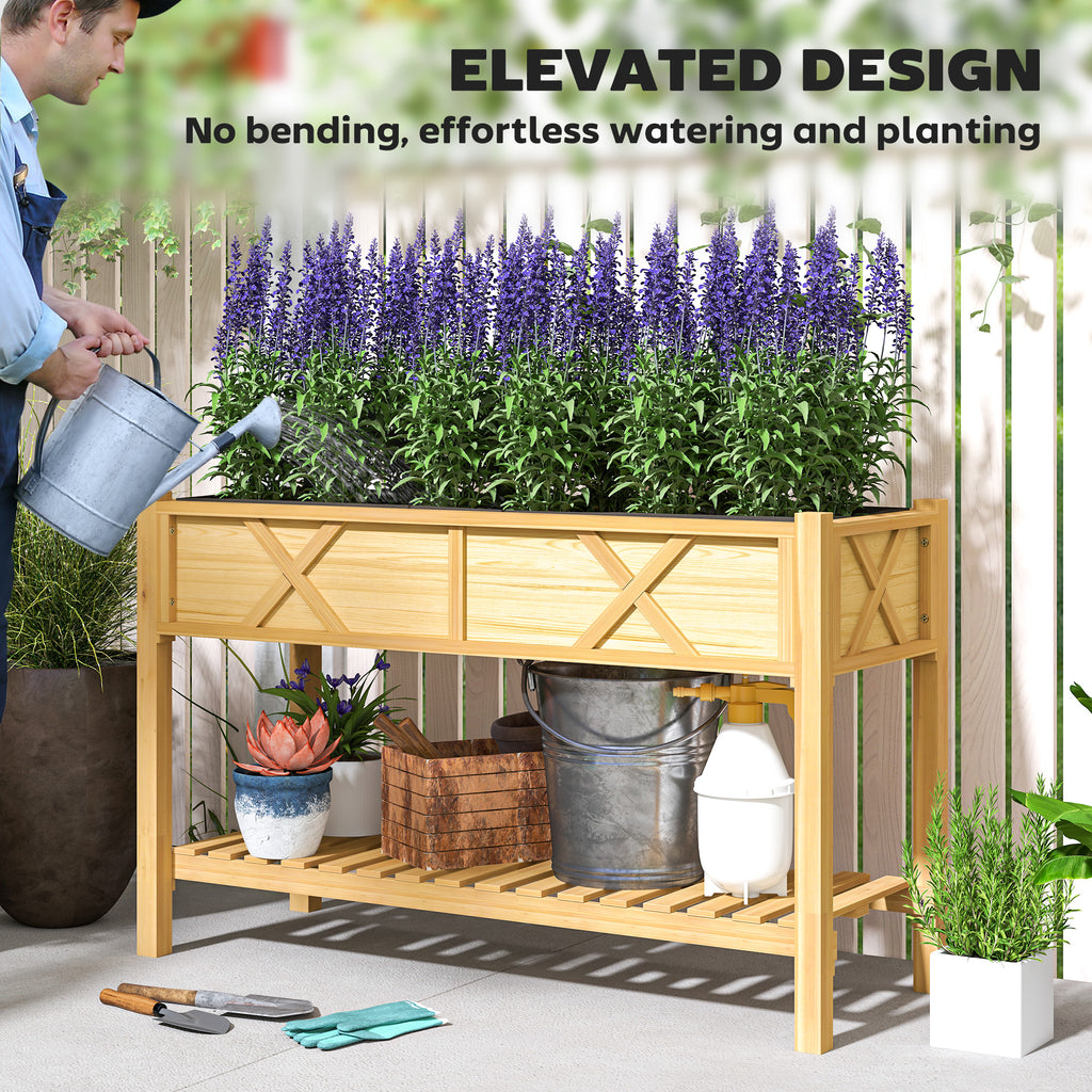Raised Garden Bed, 47 x 22 x 31.5 in. Elevated Wood Planter Box with Storage Shelf, Drainage Holes, and Liner, Natural