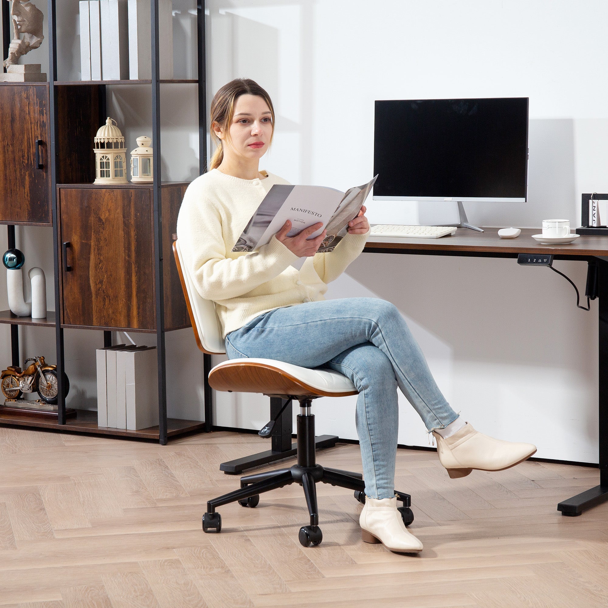 Home Office Chair No Arms With Wheels, PU Leather Desk Chair With Adjustable Height, 360 Swivel For Reading, White