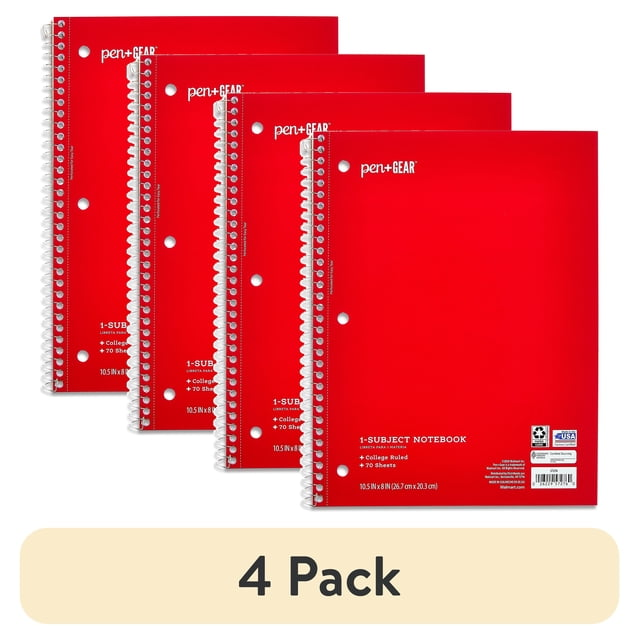 4 Pack College Rule 1 Subject Notebooks 8x10.5 (70 Sheets)