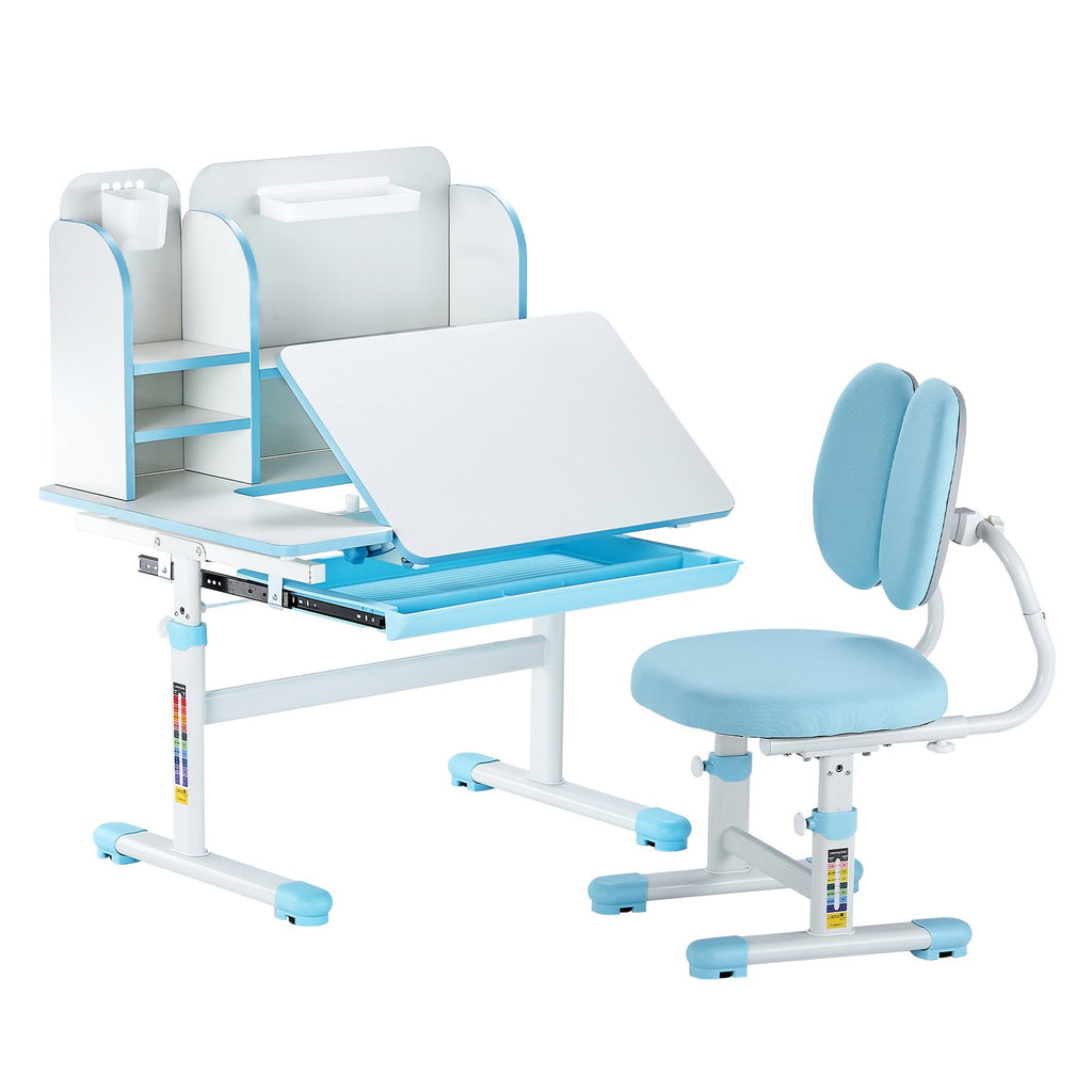 Kids Study Chair And Desk Set, Study Desk And Chair For Kids With Bookshelf & Storage Drawer, Adjustable Height & 0-40° Tilted Desktop Desk And Chair, Study Table For Bedroom & Study Room, Blue