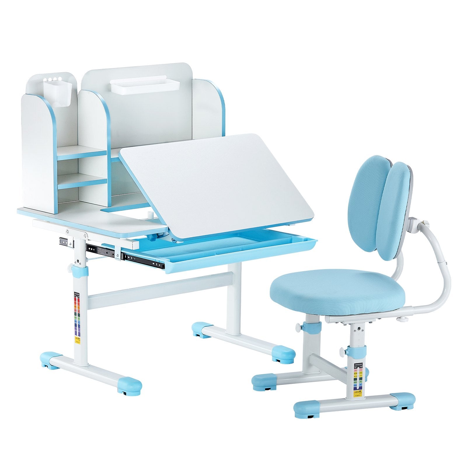 Kids Study Chair And Desk Set, Study Desk And Chair For Kids With Bookshelf & Storage Drawer, Adjustable Height & 0-40° Tilted Desktop Desk And Chair, Study Table For Bedroom & Study Room, Blue