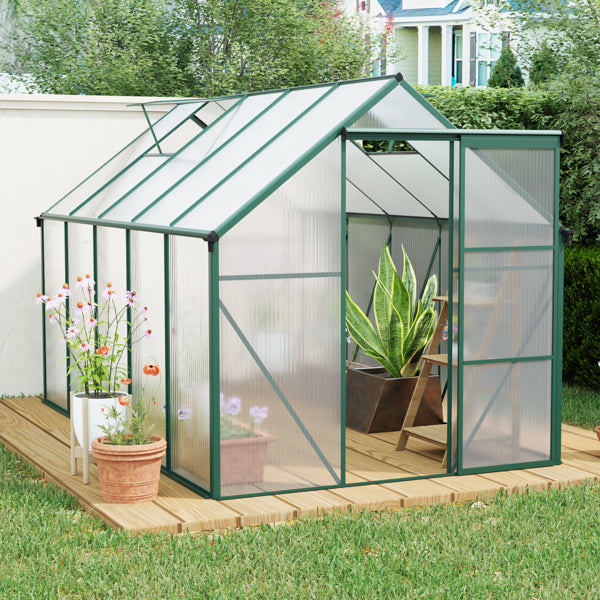 6X10FT Polycarbonate Greenhouse Raised Base And Anchor Aluminum Heavy Duty Walk-in Greenhouse, Green