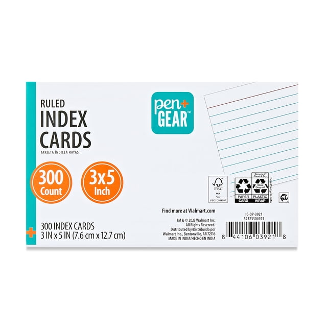 3 Pack Pen + Gear Index Cards, White, 300 Count 3"x5"