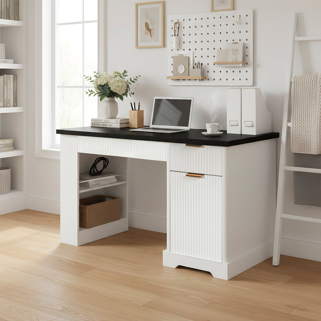 55" Modern Fluted Office Desk With Storage Cabinet, Drawers, Power Outlet, Pegboard, Built-in Shelves, and Keyboard Tray, White