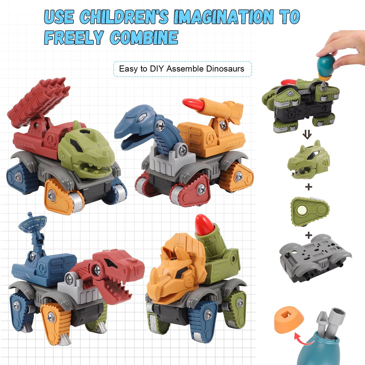 5 Pack Take Apart Dinosaurs, STEM Construction Building Educational Toys