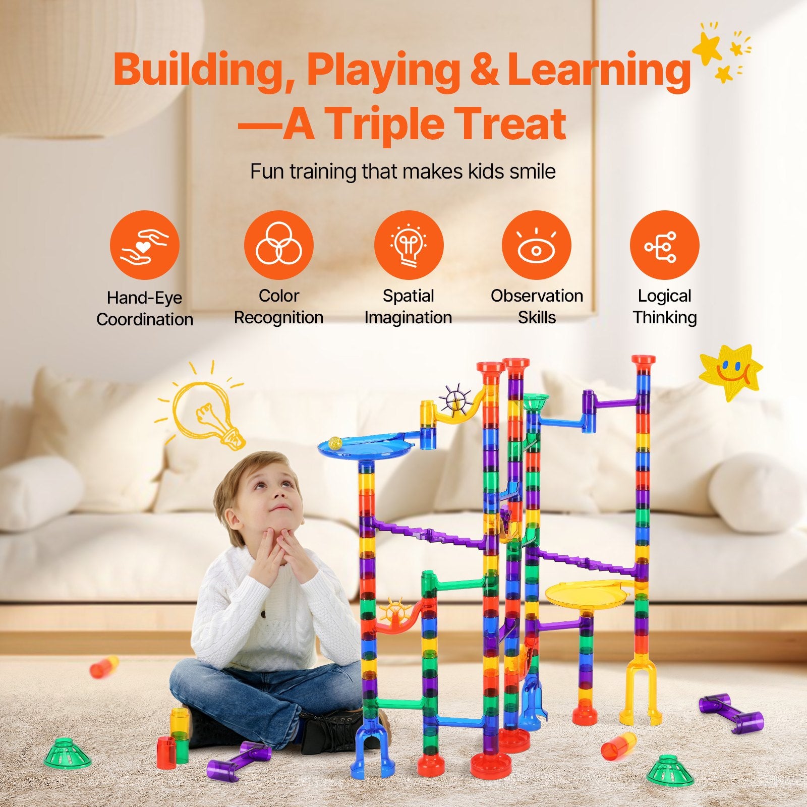 Marble Run Set, 145 Piece Marble Maze Building Block Brain Game, With 5 Glow In The Dark Marbles + 40 Glass Marbles, Educational Learning Race Track STEM