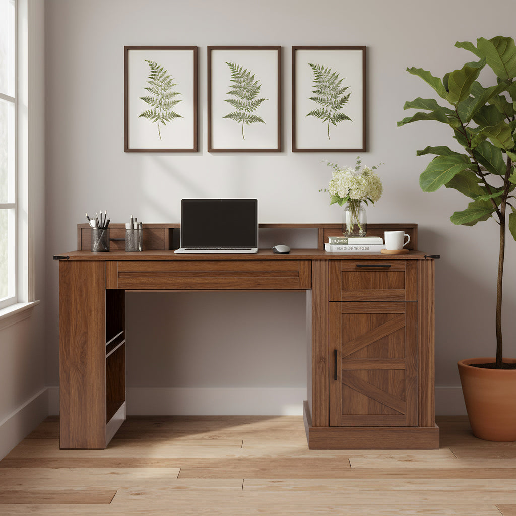 55 Farmhouse Office Desk With Storage Cabinet  Charging Station, Barn Door Design Computer Writing Desk With Keyboard Tray, Monitor Stand & Pegboard, Dark Walnut