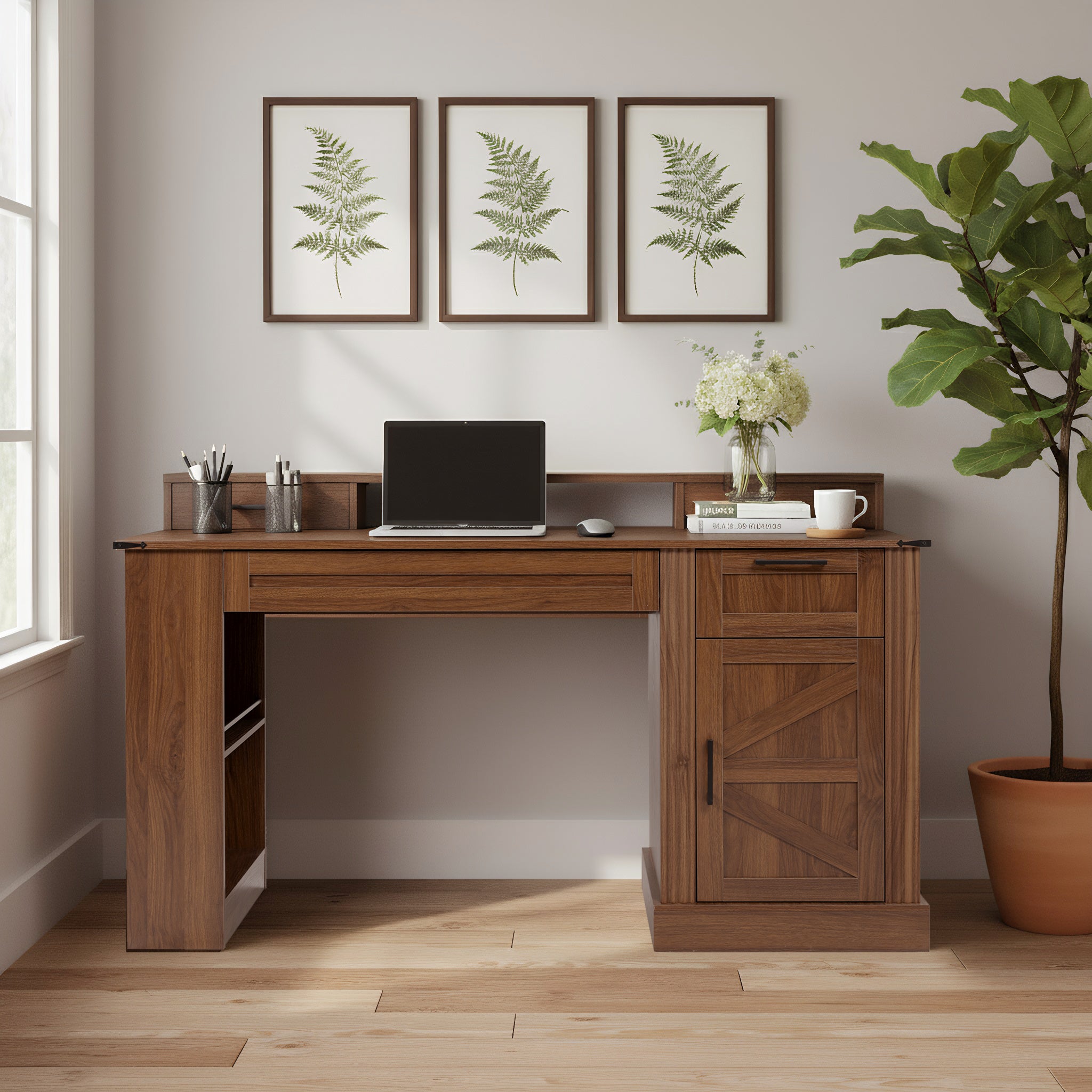 55 Farmhouse Office Desk With Storage Cabinet  Charging Station, Barn Door Design Computer Writing Desk With Keyboard Tray, Monitor Stand & Pegboard, Dark Walnut