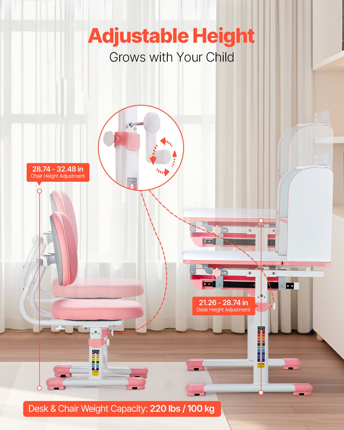 Kids Study Chair And Desk Set, Study Desk And Chair For Kids With Bookshelf & Storage Drawer, Adjustable Height & 0-40° Tilted Desktop Desk And Chair, Study Table For Bedroom & Study Room, Pink
