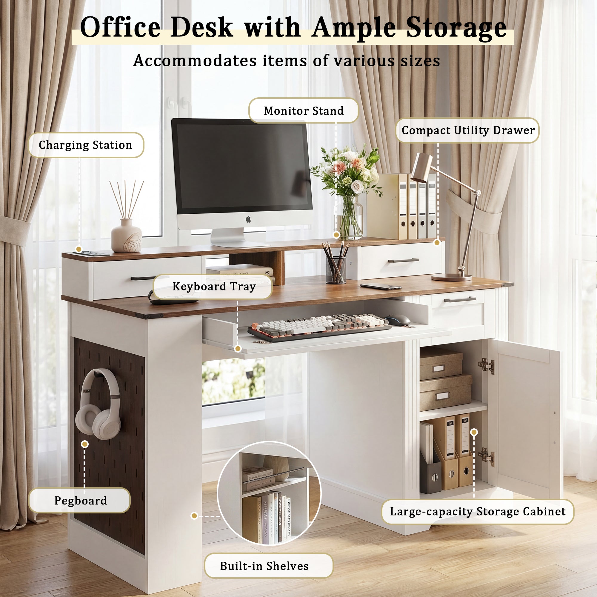 55" Farmhouse Office Desk With Storage Cabinet  Charging Station, Barn Door Design Computer Writing Desk With Keyboard Tray, Monitor Stand And Pegboard, White