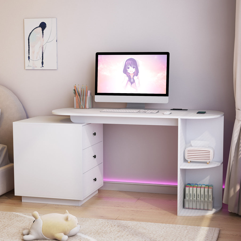 Modern Home Office Table, Expandable Desk With Storage Drawers & Open Shelf