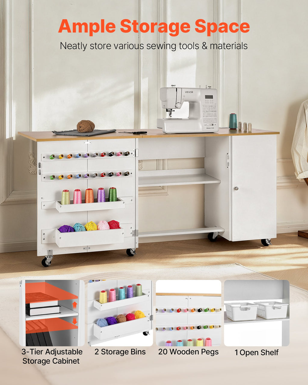 Folding Sewing Table, Multipurpose Sewing Machine Table With Cabinet, Charging Station