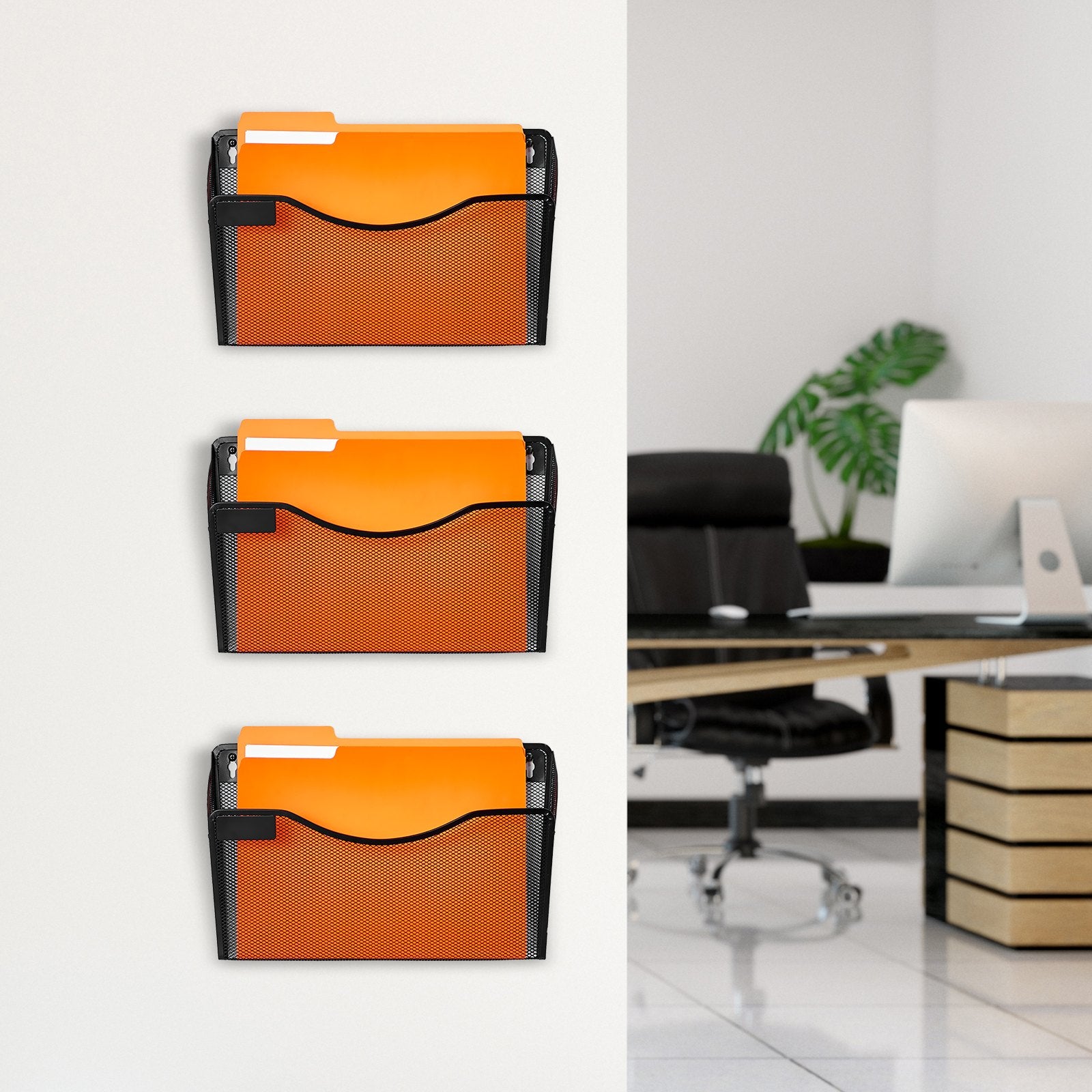 Hanging Wall Files Organizer, 3 Pack Single Pocket Mesh Wall File Holder, Metal Wall Folder Organizer With Nametag Label, For Office Home & School