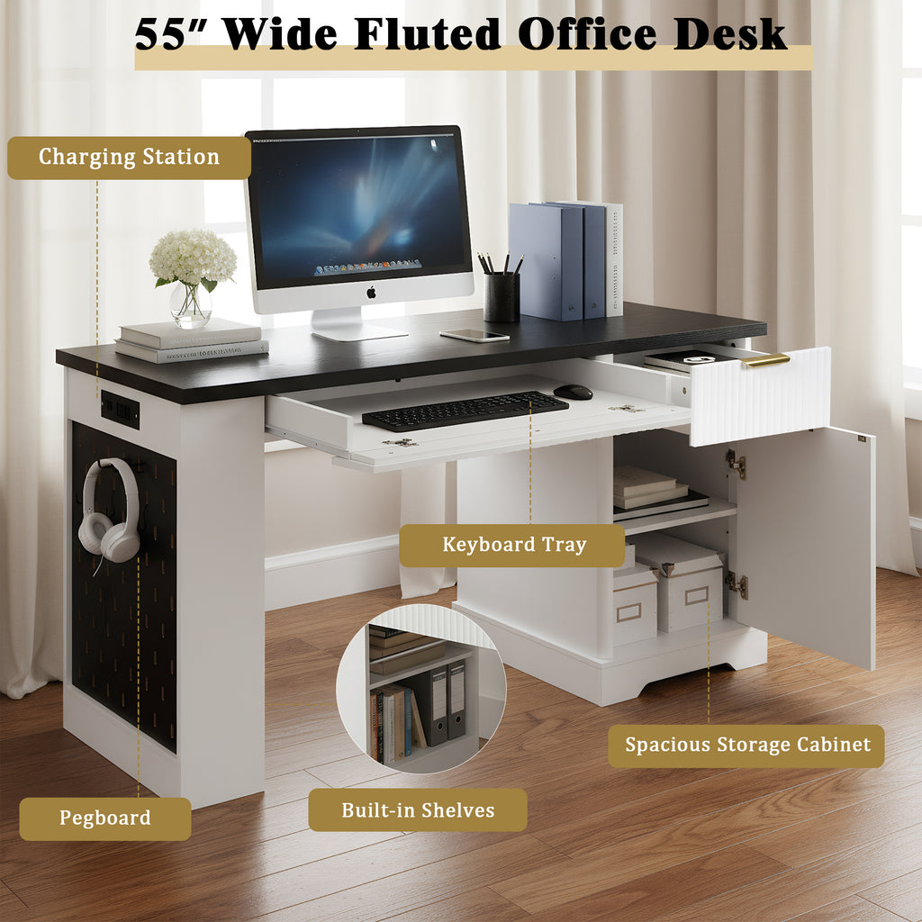 55" Modern Fluted Office Desk With Storage Cabinet, Drawers, Power Outlet, Pegboard, Built-in Shelves, and Keyboard Tray, White