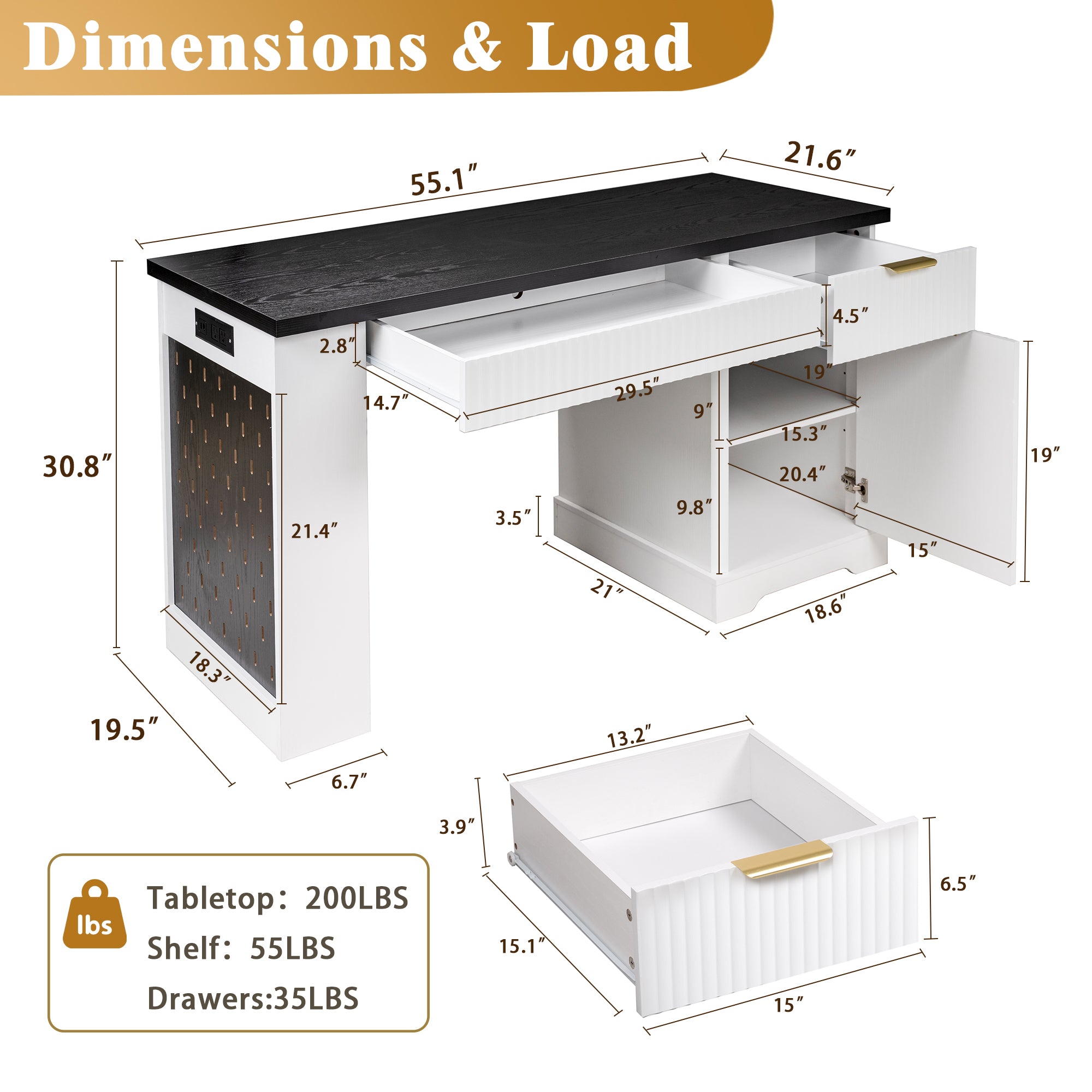55" Modern Fluted Office Desk With Storage Cabinet, Drawers, Power Outlet, Pegboard, Built-in Shelves, and Keyboard Tray, White
