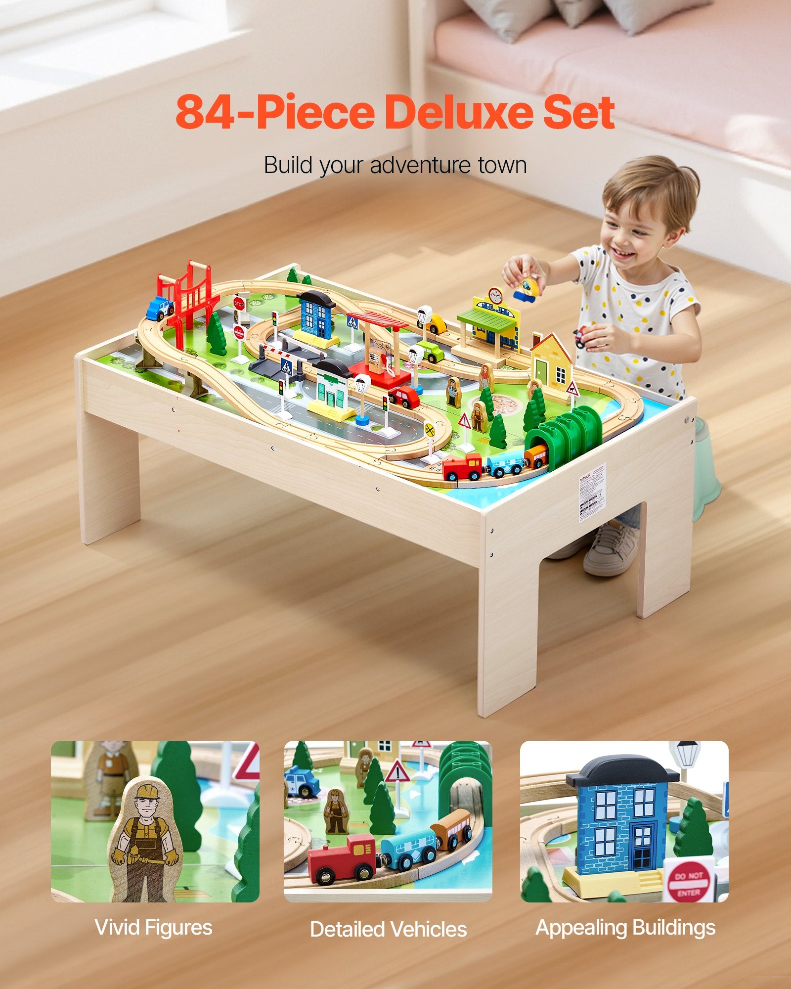 Train Table 84 Pieces Wooden Kids Activity Table With Collapsible Storage Bin