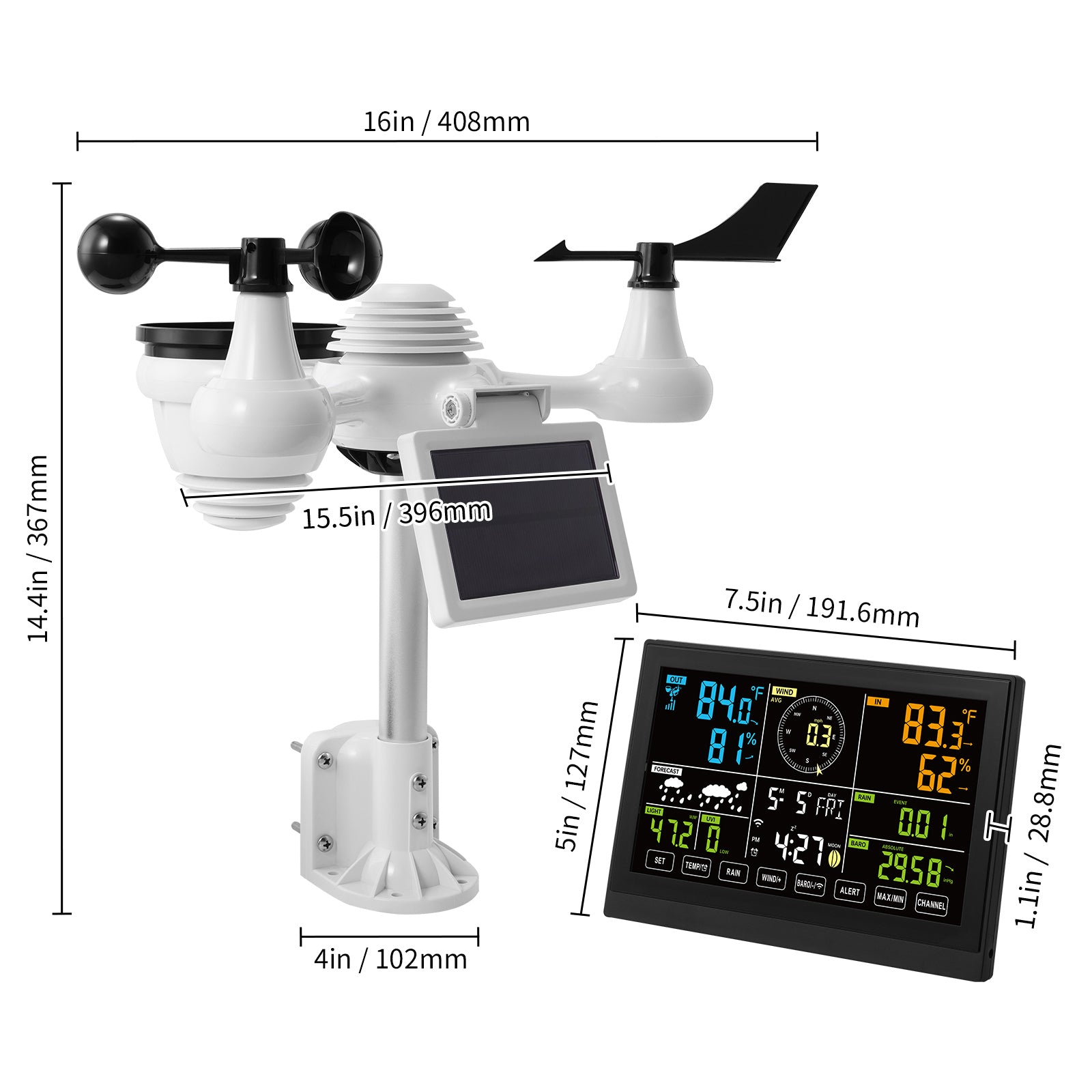 VEVOR 7in1 WiFi Weather Station, 7.5 In Color Display, Home Weather Station Indoor Outdoor, With Solar Wireless Outdoor Sensor  Alarm Alerts, For Temperature Humidity Wind Speed, Direction, Rain
