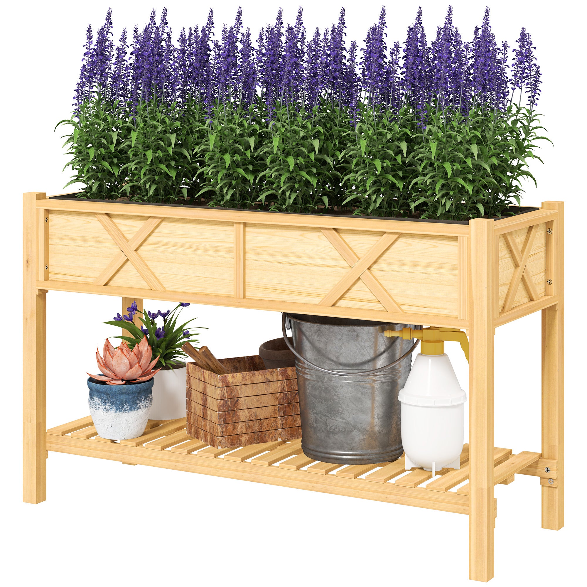 Raised Garden Bed, 47 x 22 x 31.5 in. Elevated Wood Planter Box with Storage Shelf, Drainage Holes, and Liner, Natural