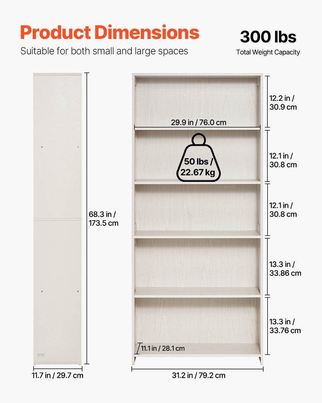 68" Tall Bookshelf, White