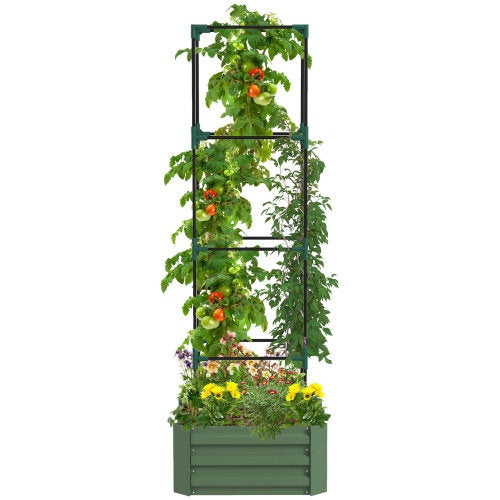 Outsunny Galvanized Raised Garden Bed, 24 X 24 X 11.75 Outdoor Planter Box With Trellis Tomato Cage And Open Bottom For Climbing Vines, Green