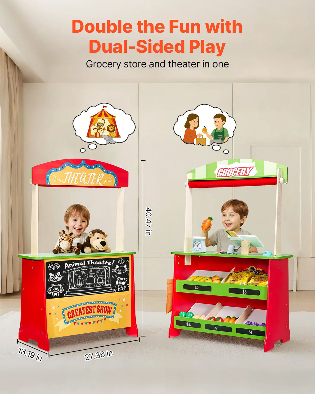 Wooden Puppet Theater 2-in-1 Reversible Play Store Kids Play Market Stand