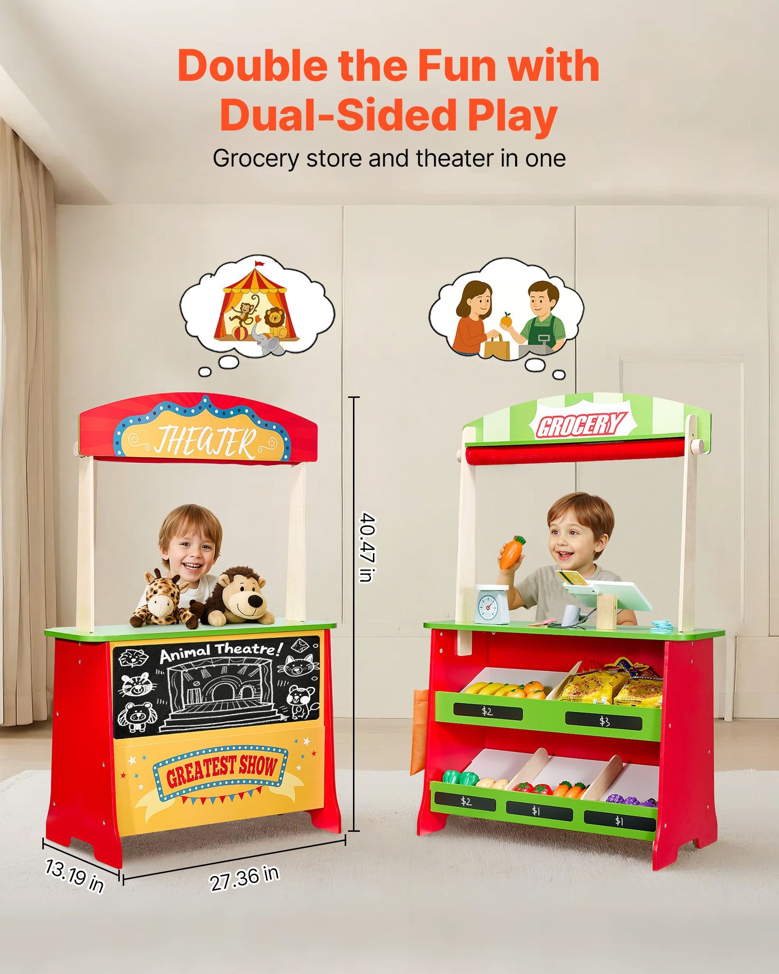 Wooden Puppet Theater 2-in-1 Reversible Play Store Kids Play Market Stand