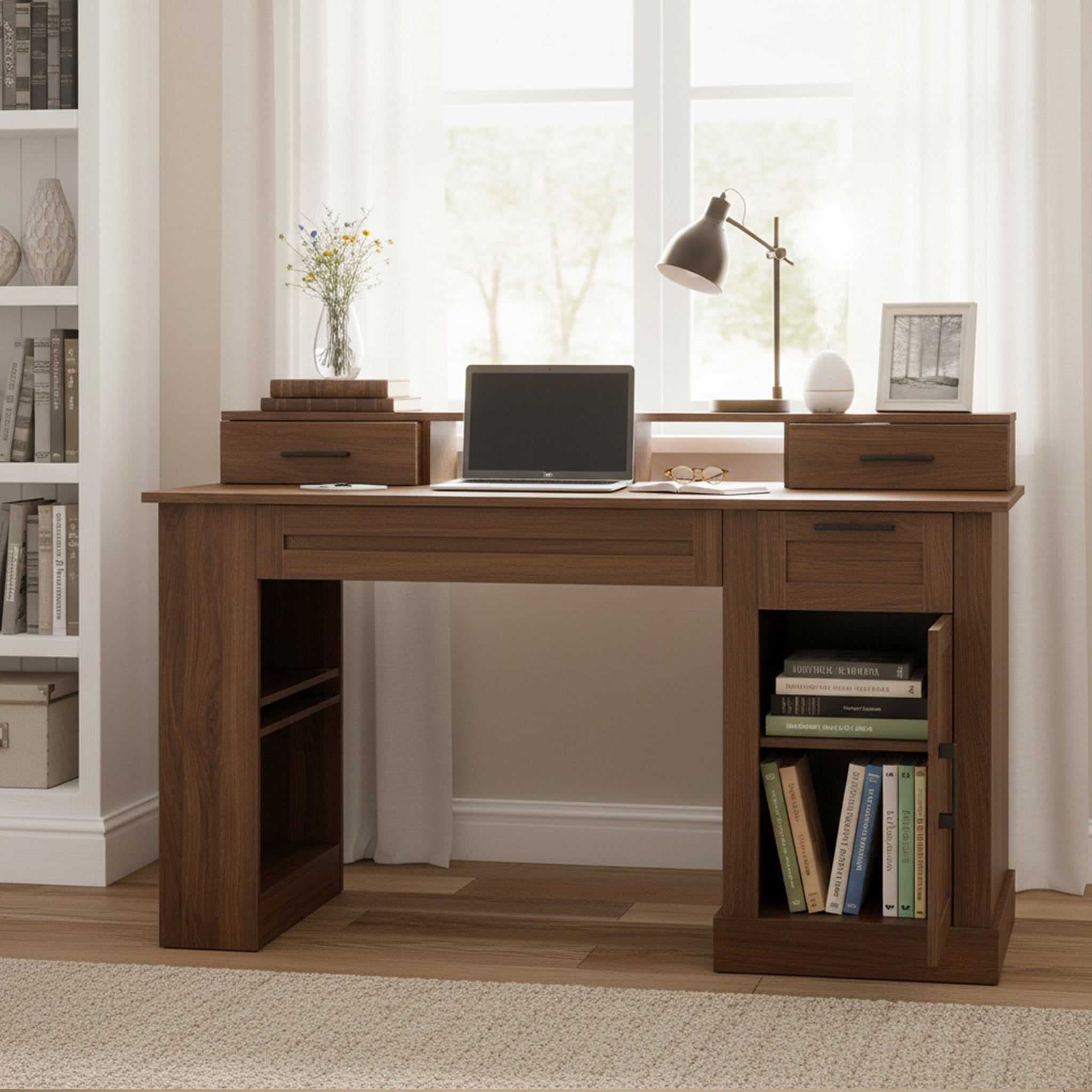 55 Farmhouse Office Desk With Storage Cabinet  Charging Station, Barn Door Design Computer Writing Desk With Keyboard Tray, Monitor Stand & Pegboard, Dark Walnut