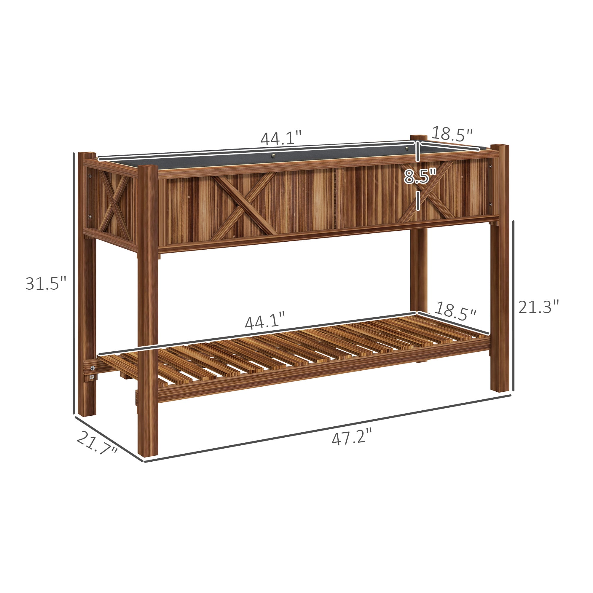 Raised Garden Bed, 47 x 22 x 31.5 in Elevated Wood Planter Box with Storage Shelf, Drainage Holes and Liner, Carbonized