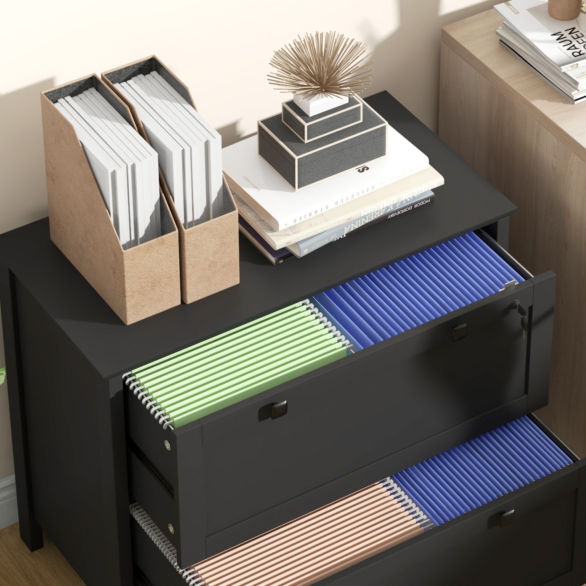 Lateral File Cabinet, 2 Drawer Filing Cabinet, Black