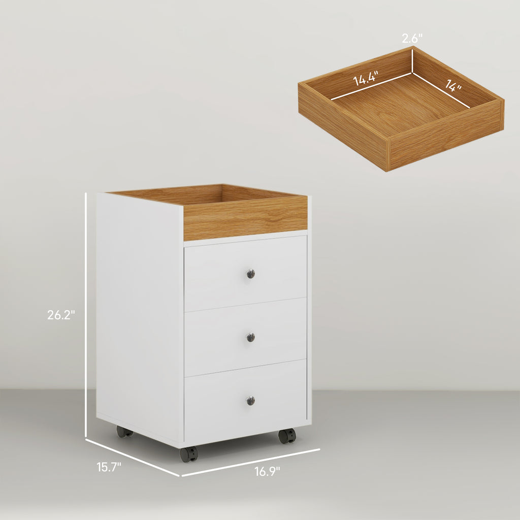 3 Drawer File Cabinet on Wheels Mobile Home Office Storage Cabinet with Top Tray Under Desk Printer Stand, White