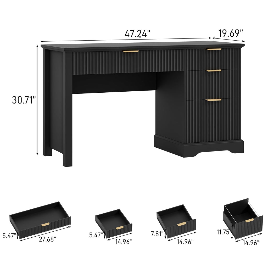 Vabches Fluted Executive Desk with Drawers, Wood Computer Desk, File Drawer, Black