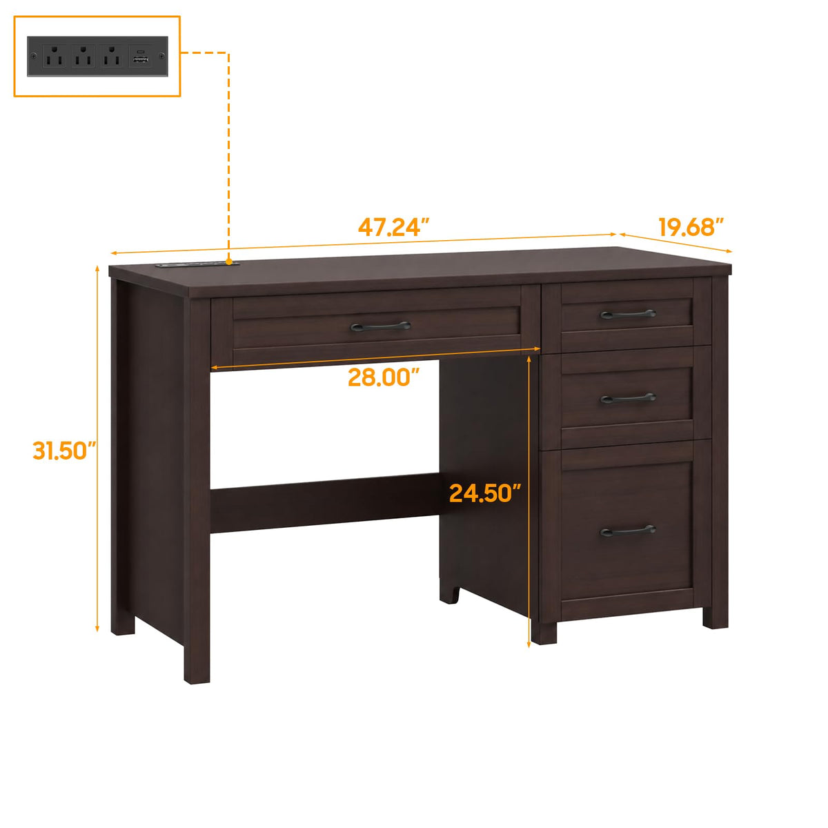 Vabches Farmhouse 47" Computer Desk with Charging Station, File Drawer, Walnut