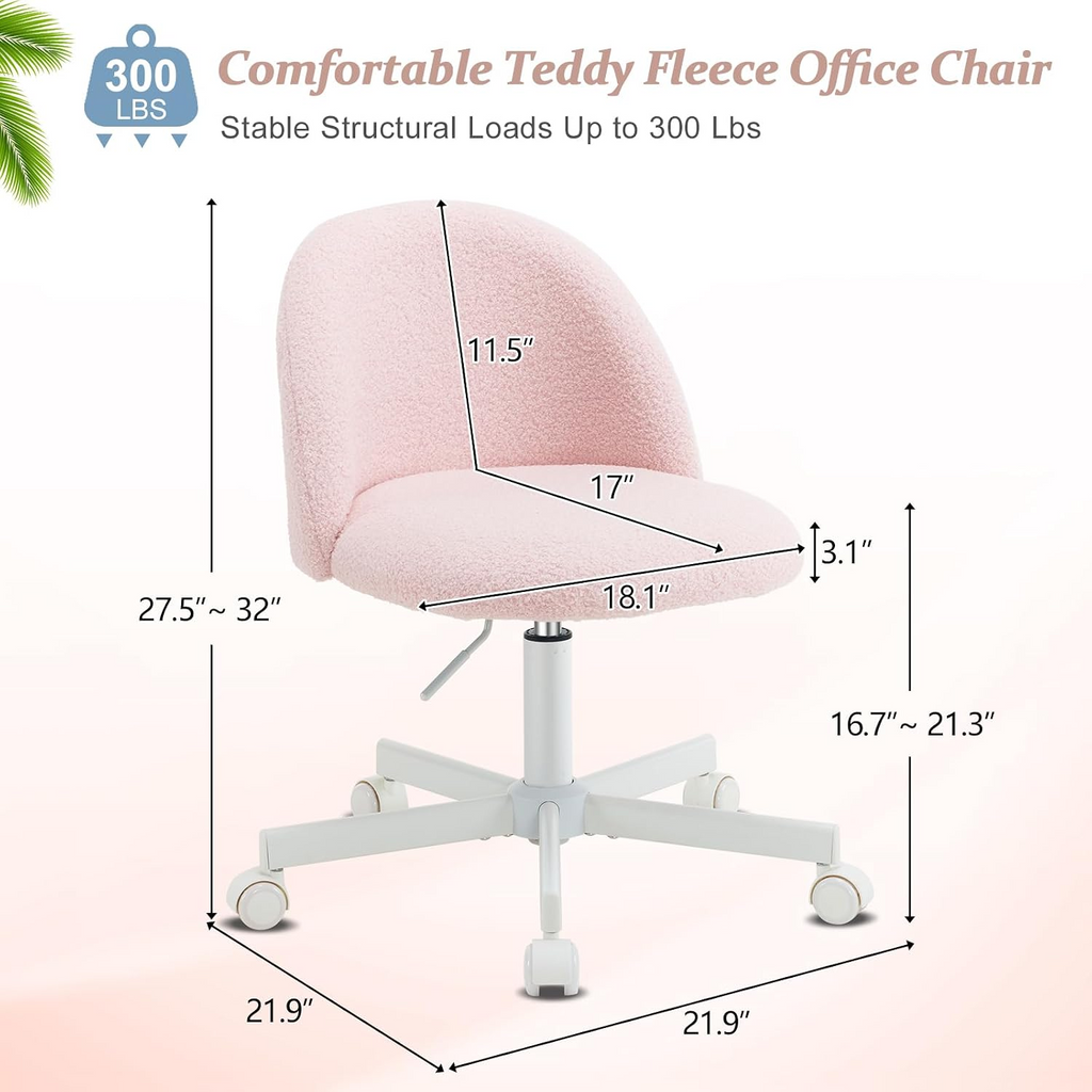 Soft Fleece Armless Swivel Desk Chair – Adjustable Height, 360° Rotation & Rolling Wheels