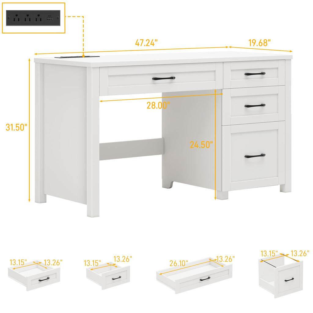 Farmhouse 47" Desk with 4 Drawers, File Drawer and Charging Station, Cream White