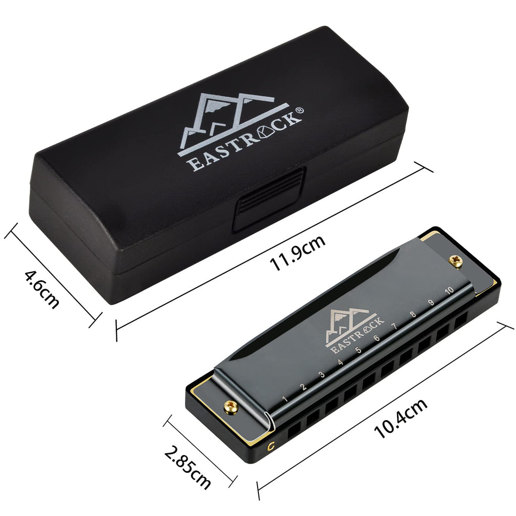 EastRock 10 Hole Blues Harmonica C Key Black with Case for Adults Beginner