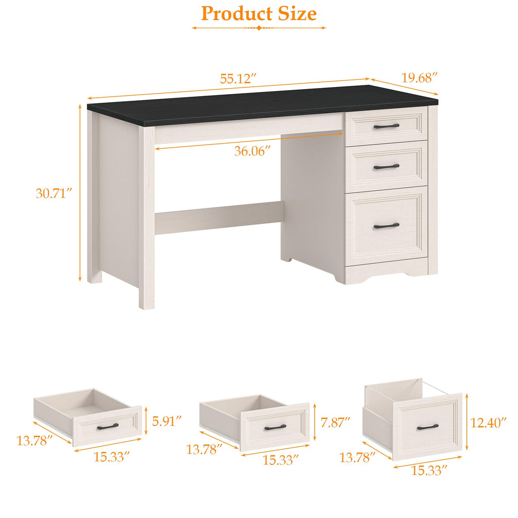 Farmhouse Desk with Drawers, File Drawer, Wood Black White