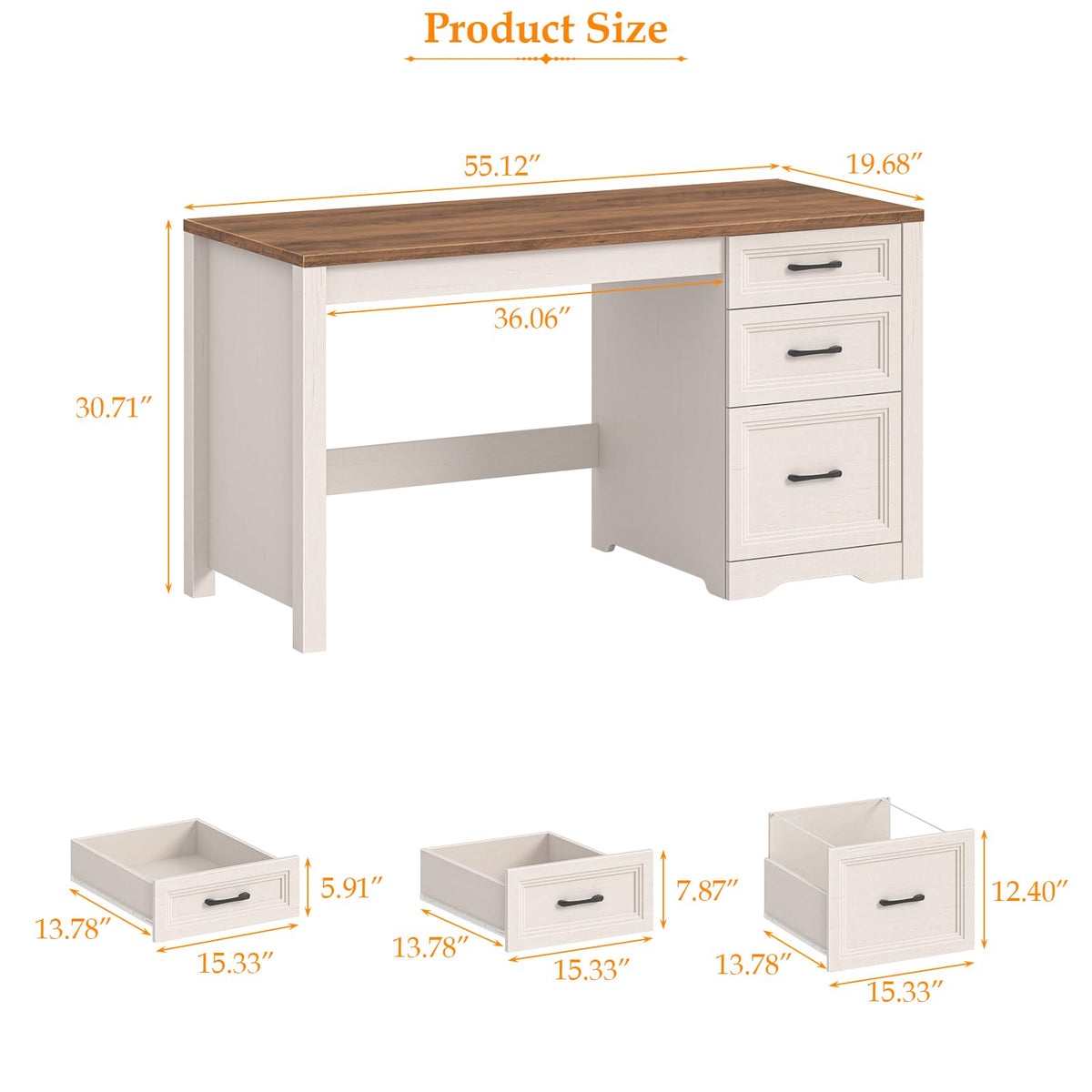 Farmhouse Executive Desk with Drawers, File Drawer, Wood, Brown White