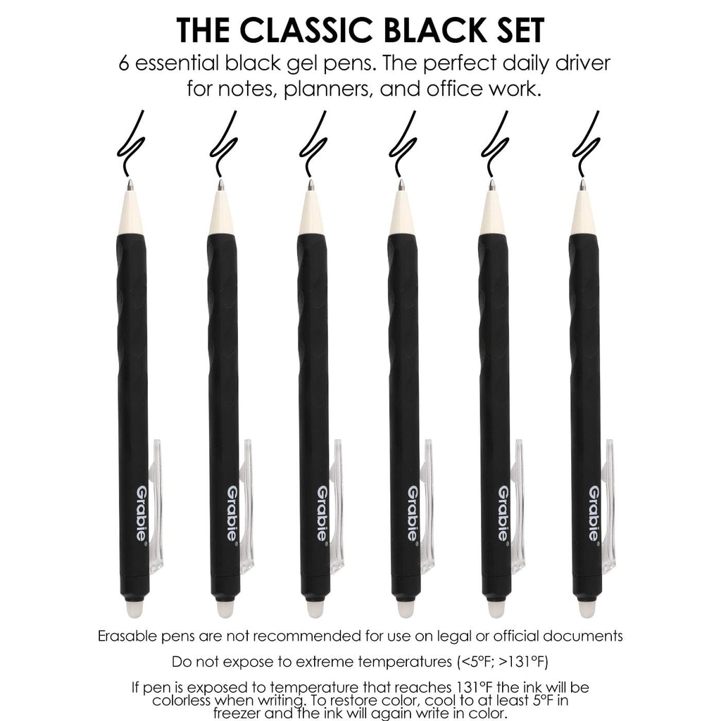 Grabie Erasable Gel Pens, 6 Black 0.7 mm Medium Point Pens