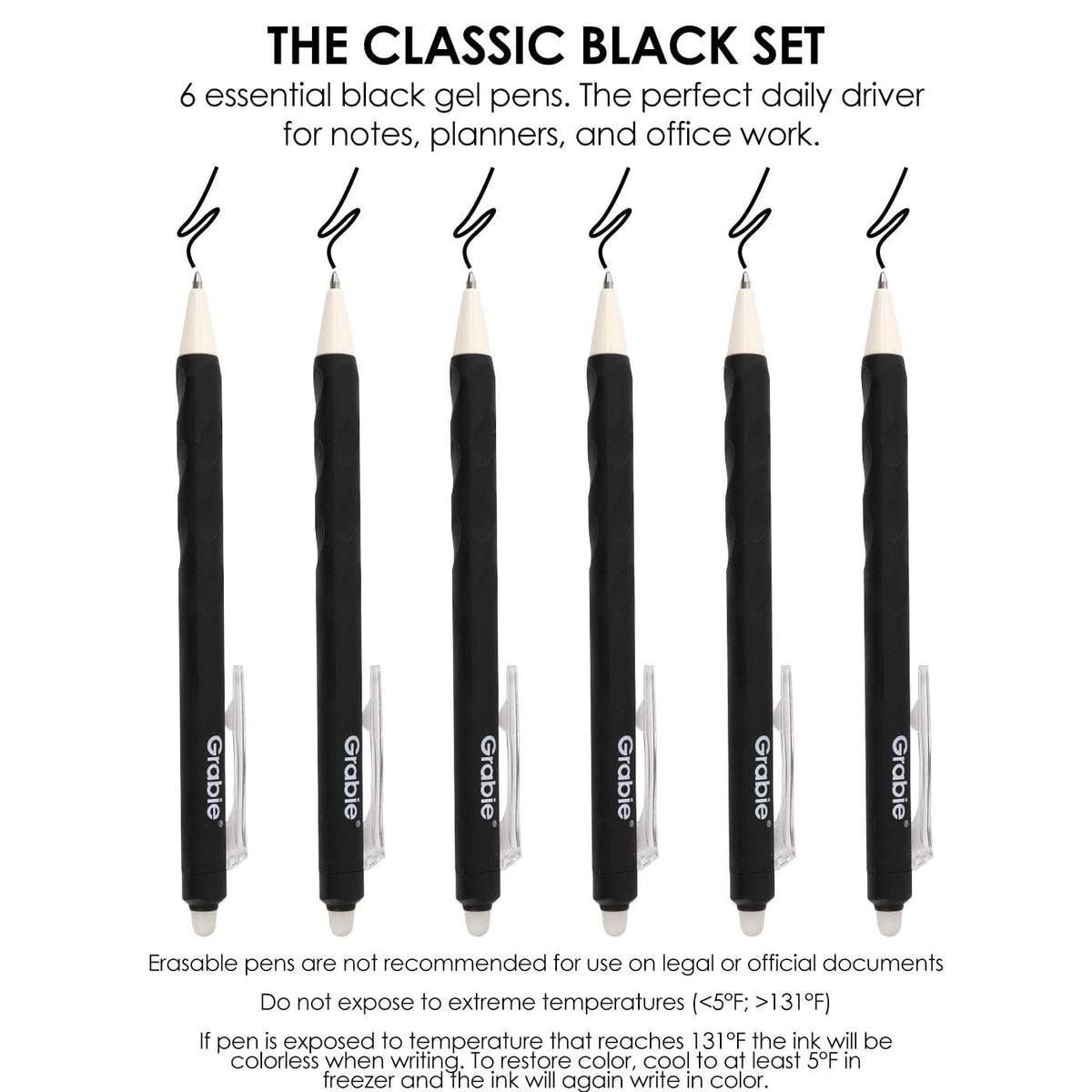 Grabie Erasable Gel Pens, 6 Black 0.7 mm Medium Point Pens