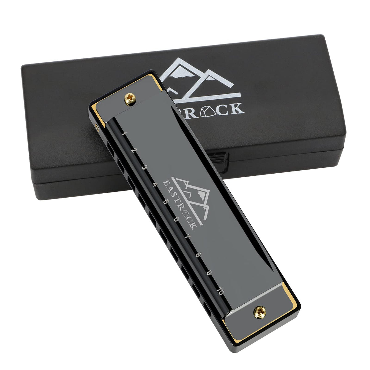 EastRock 10 Hole Blues Harmonica C Key Black with Case for Adults Beginner