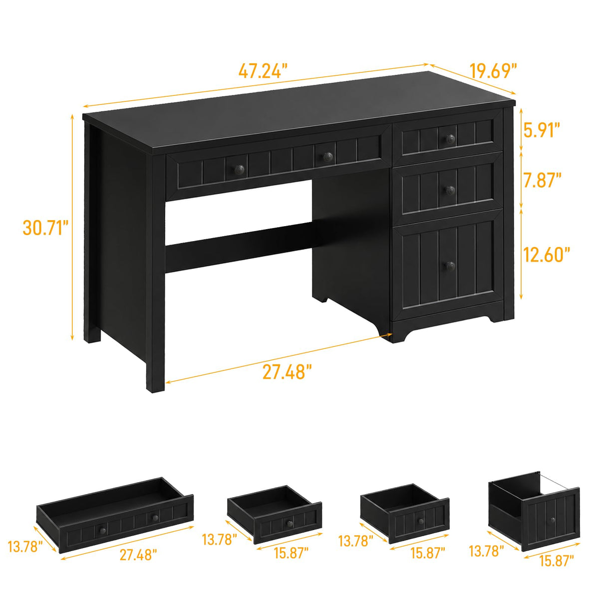 Vabches Farmhouse Desk with 4 Drawers, File Drawer, Wood Computer Desk, Pure Black