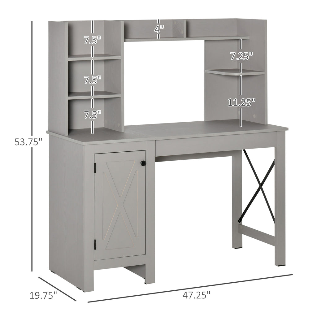 Computer Desk W/ Hutch, Home Office Desk W/ Storage Cabinet, Light Grey