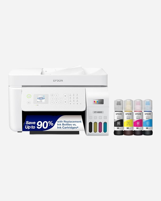 Epson EcoTank ET-4800 Wireless All-in-One Color Supertank Printer with Scanner, Copier & Fax – Cartridge-Free Printer for Students, Homeschool & Educational Use
