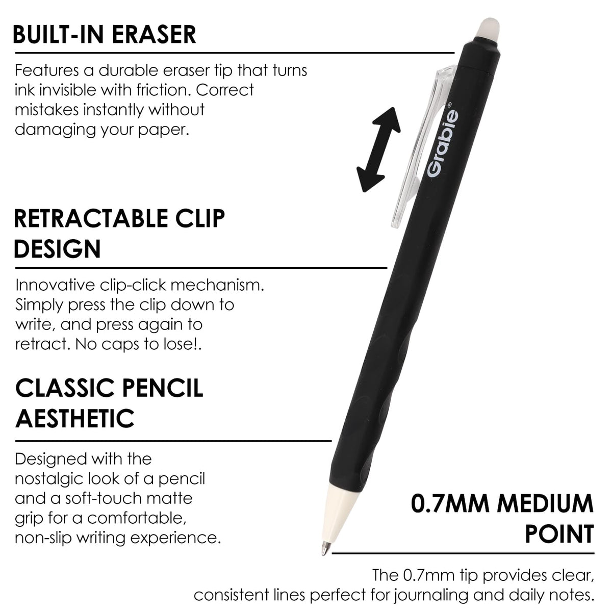 Grabie Erasable Gel Pens, 6 Black 0.7 mm Medium Point Pens