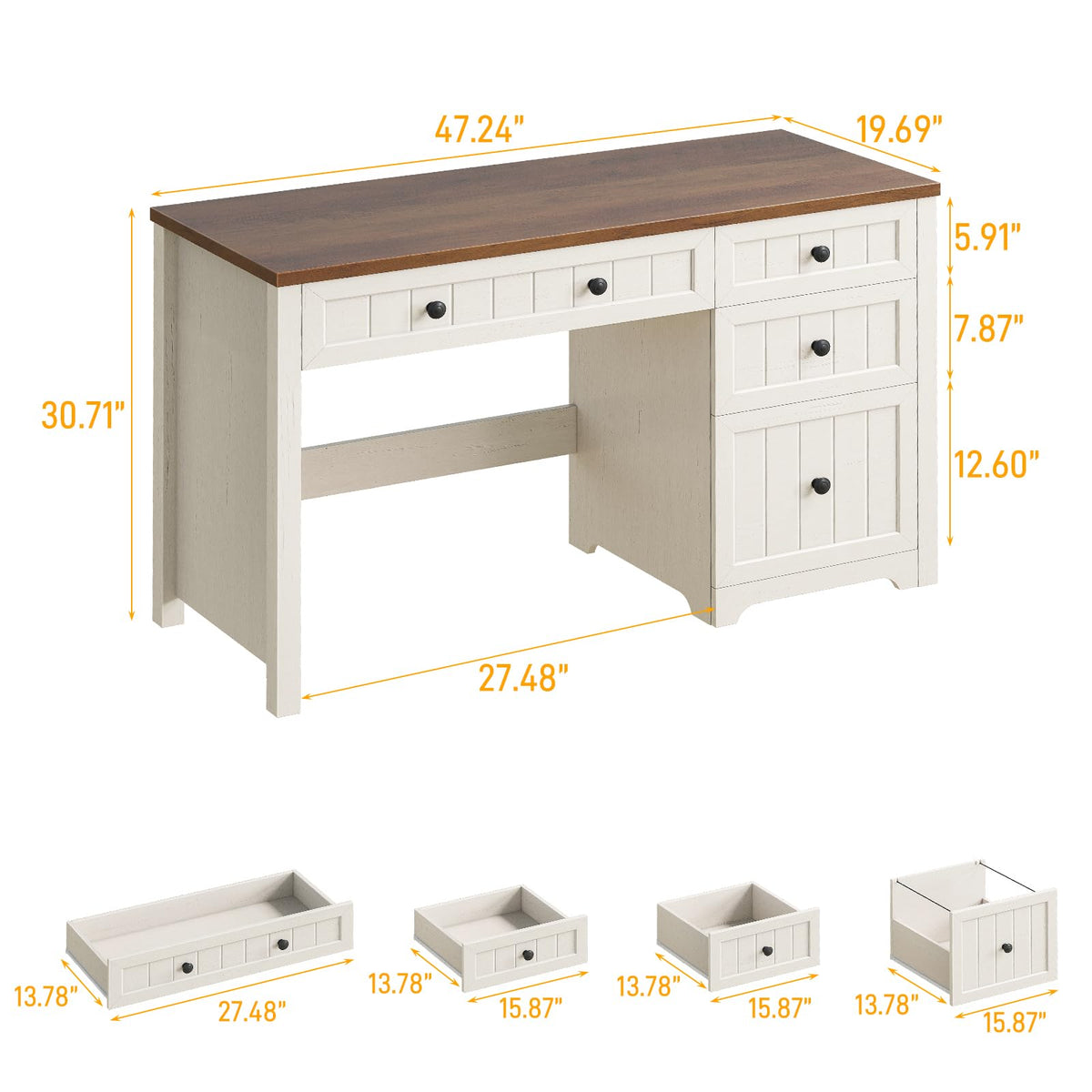 Farmhouse Desk with 4 Drawers File Drawer, Wood Computer Desk Brown & White