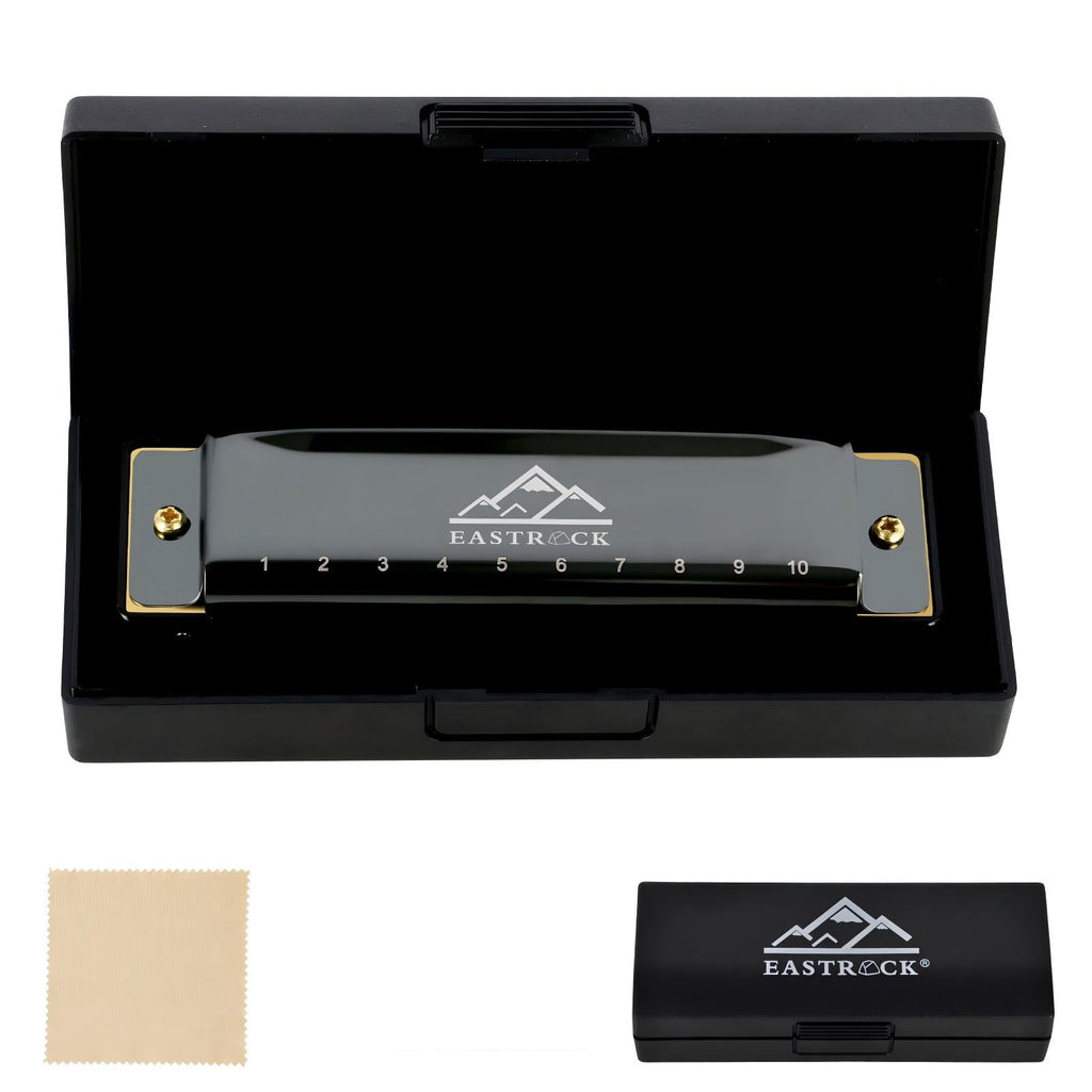 EastRock 10 Hole Blues Harmonica C Key Black with Case for Adults Beginner