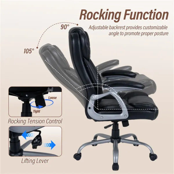 Ergonomic Executive Office Chair With Contoured Backrest, Adjustable Height & Recline For Home Office-Black