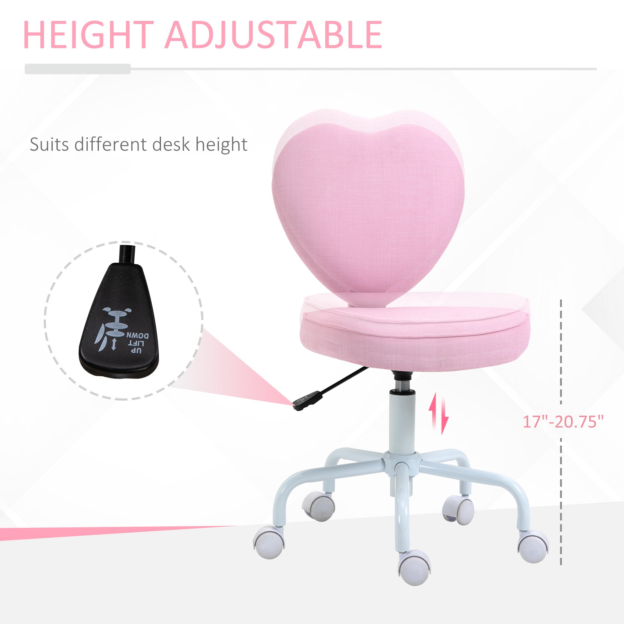 Heart Love Shaped Back Design Office Chair With Adjustable Height, Pink