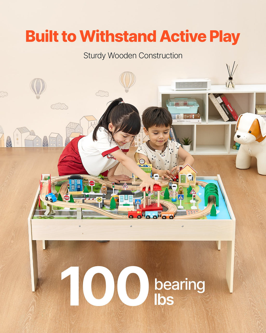 Train Table 84 Pieces Wooden Kids Activity Table With Collapsible Storage Bin